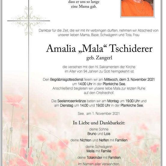 Gedenkkarte für Amalia 'Mala' Tschiderer, die im Alter von 94 Jahren verstorben ist. Der Beerdigungsgottesdienst findet am 3. November 2021 um 14:00 Uhr in der Pfarrkirche See statt.