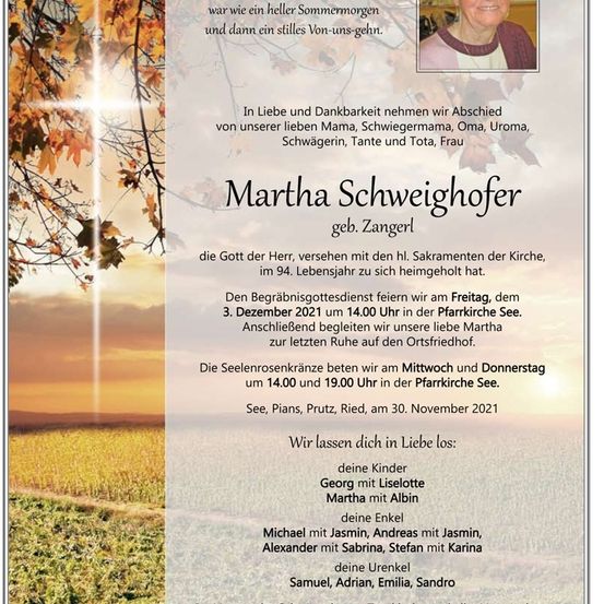 Ein Gedenkzettel für Martha Schweighofer, geboren Zangerl, mit einem Foto, Lebensdaten und dem Todesdatum. Der Zettel enthält eine herzliche Nachricht und Informationen über die Beerdigung und Beisetzung.
