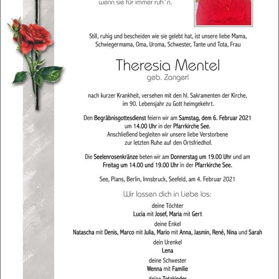 Traueranzeige für Theresa Mentel, geb. Zanger, mit Angaben zum Begräbnisgottesdienst und Gedenkfeierterminen. Enthält ein Foto von Theresa und eine rote Rose.