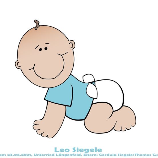 Ein lächelndes Cartoon-Baby in einem blauen Shirt und Windel, mit dem Namen Leo Siegele und dem Datum 24.06.2021 darunter.