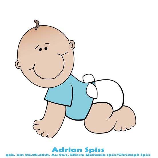 Eine Cartoon-Illustration eines lächelnden Babyjungen namens Adrian Spiss, geboren am 2. August 2021, in einem blauen Hemd und Windel, kriecht auf einem weißen Hintergrund.