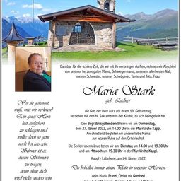 Ein Gedenkposter für Maria Stark mit einem Foto von ihr, einer Kirche im Hintergrund und Details zu ihrer Beerdigung und Grabstätte.
