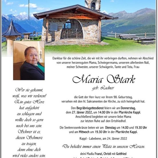 Ein Gedenkposter für Maria Stark mit einem Foto von ihr, einer Kirche im Hintergrund und Details zu ihrer Beerdigung und Grabstätte.