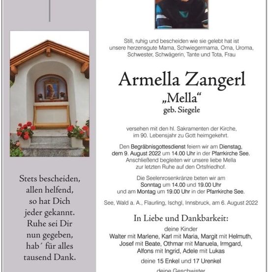 Ein Gedenkposter für Armella Zangerl, bekannt als Mella, mit einem Foto von ihr und Details über ihr Leben und die Beerdigungsarrangements.