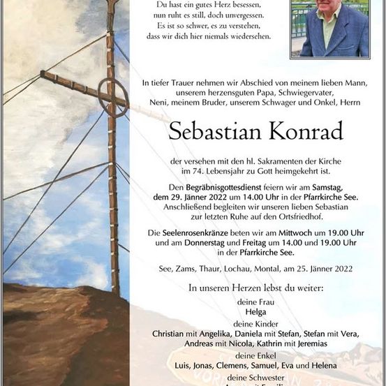 Ein Todesanzeige für Sebastian Konrad, mit einem Foto von ihm und Details zu seinem Begräbnis und Gedenkfeiern.