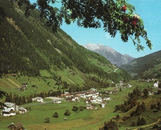 Ein malerisches Dorf in den Schweizer Alpen, umgeben von üppigen grünen Feldern und hohen Bergen.