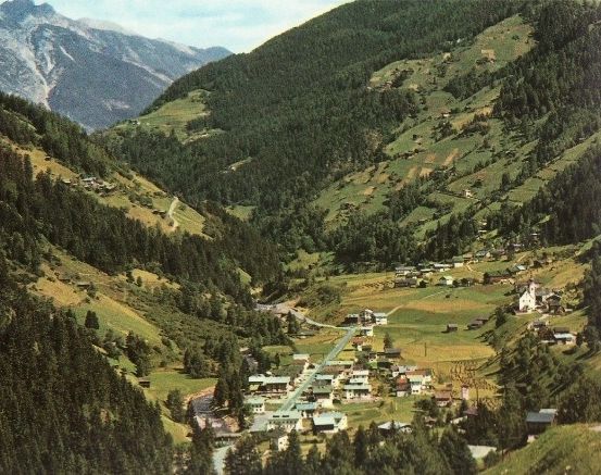 Luftaufnahme eines kleinen Dorfes in einem Tal, umgeben von üppigen grünen Bergen und dichtem Wald.