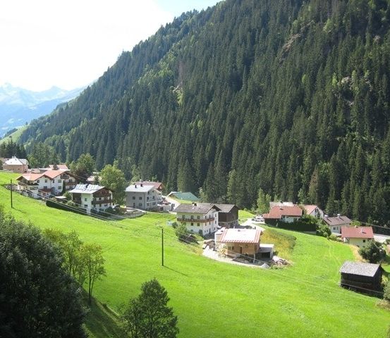 Ein malerisches Dorf in den Bergen, umgeben von üppigen grünen Feldern und hohen Kiefern.