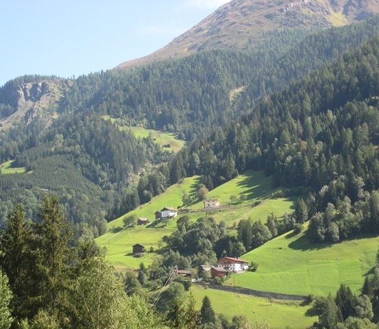 Ein szenischer Luftblick auf ein gebirgiges Tal mit üppigen grünen Feldern und verstreuten Holzhäusern unter einem klaren blauen Himmel.