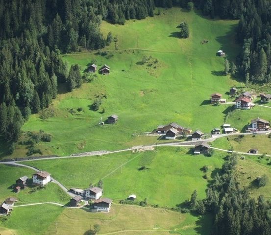 Eine Luftaufnahme eines malerischen Dorfes in einem üppigen grünen Tal, umgeben von dichten Wäldern und kleinen Häusern.