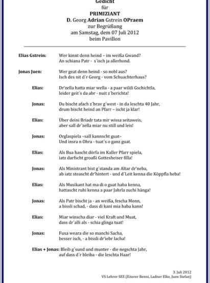 Ein Gedicht mit dem Titel 'Gedicht' von D. Georg Adrian Gstrein Oprae, datiert auf den 7. Juli 2012, enthält Verse sowohl auf Deutsch als auch auf Englisch, mit einem blauen Rand und zentriertem Text.