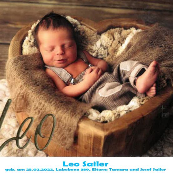Ein Neugeborenes namens Leo, geboren am 25. Februar 2022, schläft friedlich in einem mit Fell gefütterten Holzkorb.