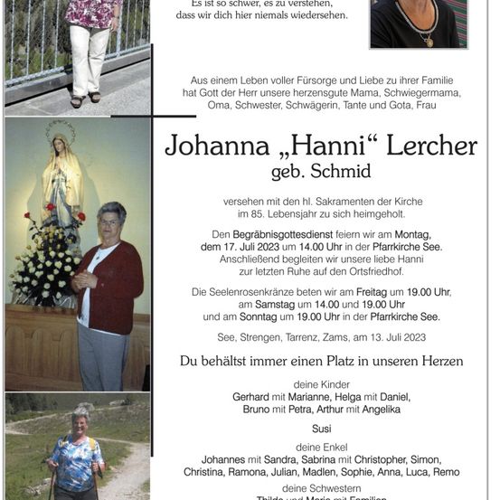 Ein Gedenkzettel für Johanna 'Hanni' Lechner mit ihrem Foto, einer Statue der Jungfrau Maria und Informationen über ihre Beerdigung und Beisetzung.