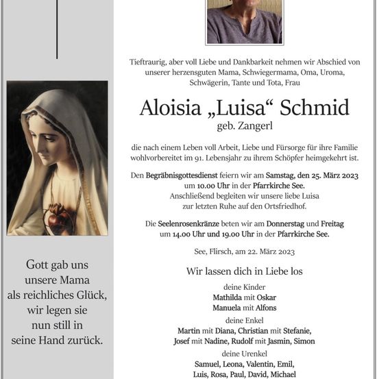 Ein Nachruf auf Aloisia 'Luisa' Schmid mit Informationen über ihr Leben, ihre Familie und die Beerdigungsdetails. Das Bild zeigt ein Porträt der Verstorbenen.