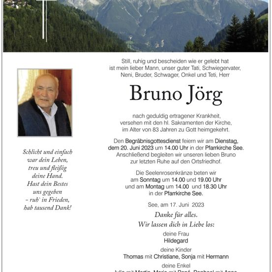 Ein Gedenkposter für Bruno Jörg mit einem Foto von ihm und Details über seinen Beerdigungsgottesdienst und die Beisetzung. Das Poster enthält eine herzliche Nachricht von seiner Familie.