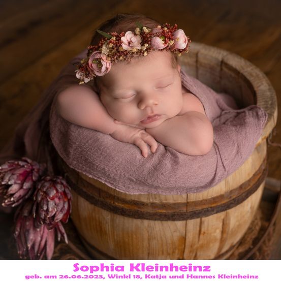 Ein neugeborenes Babymädchen namens Sophia Kleinhein schläft friedlich in einem Holzfass, geschmückt mit einer Blumenkrone. Sie ist in einen rosa Stoff gewickelt und das Bild hat einen Wasserzeichen mit ihrem Geburtsdatum und den Namen ihrer Eltern.