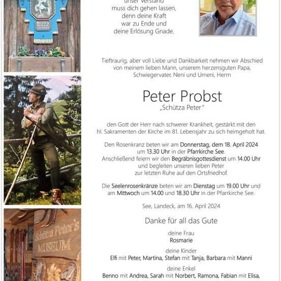 Ein Gedenkposter für Peter Probst mit einem Foto von ihm, einer Kirchentafel und einem Skimuseumsschild. Das Poster enthält Details zu seinen Beerdigungsfeierlichkeiten und der Bestattung.