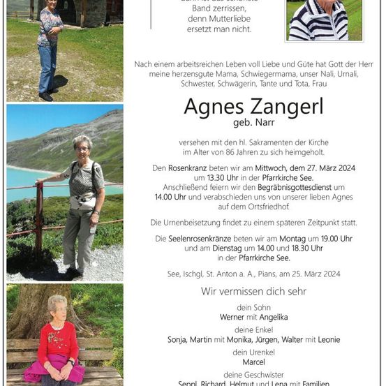 Ein Gedenkposter für Agnes Zangerl mit ihren Fotos und Details zu ihren Beerdigungsfeiern und Bestattung. Das Poster enthält eine herzliche Nachricht von ihrer Familie.