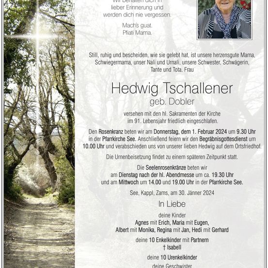 Ein Gedenkposter für Hedwig Tschallener mit einem Foto von ihr, einem Baum und einem Kreuz. Das Poster enthält Details über ihr Leben, ihren Tod und die Beerdigungsarrangements.
