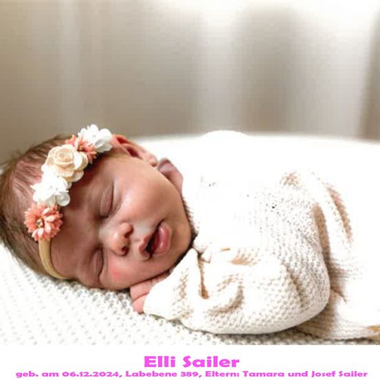 Ein neugeborenes Mädchen schläft friedlich, trägt ein weißes gestricktes Outfit und eine Blumenhaarspange. Das Bild enthält einen pinkfarbenen Textüberlagerung mit dem Namen des Babys und Geburtsdetails.