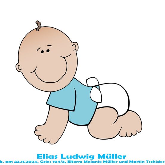 Eine Cartoon-Abbildung eines lächelnden Babyjungen namens Elias Ludwig Müller, geboren am 22. November 2024, mit Eltern Melanie Müller und Martin Tschider.