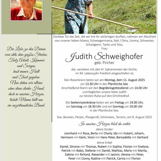 Ein Gedenkposter für Judith Schweighofer mit einem Foto von ihr und einem Gedicht über Liebe und Stärke. Das Poster enthält Details über ihre Beerdigung und Beisetzung.