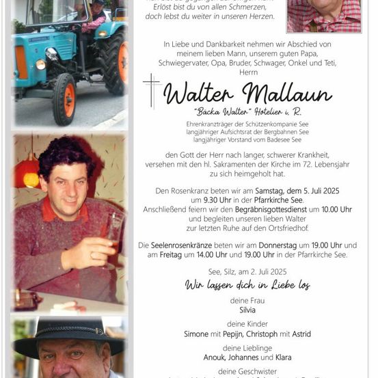 Ein Nachruf auf Walter Mallaun, der eine Collage von Bildern zeigt, darunter ein blauer Traktor, ein Mann in einem roten Hemd und ein Mann in einem Hut. Der Text ist auf Deutsch und enthält Details über sein Leben und die bevorstehenden Gedenkfeiern.