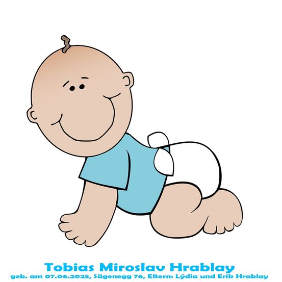 Eine Cartoon-Abbildung eines lächelnden Babys namens Tobias Miroslav Hrabaly, geboren am 7. Juni 2025, mit seinen Eltern Lydia und Erik Hrabaly.