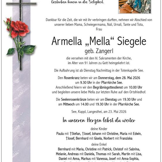 Traueranzeige für Armella 'Mella' Siegele, 91, mit Details zur Beerdigung, Trauerfeier und Familieninformationen.