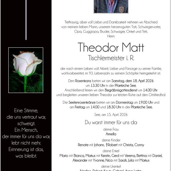 Ein Gedenkposter für Theodor Matt mit einer weißen Rose, einem Foto eines Mannes und Details zu seinen Beerdigungsfeierlichkeiten. Das Poster enthält eine herzliche Botschaft und die Namen seiner Familienmitglieder.