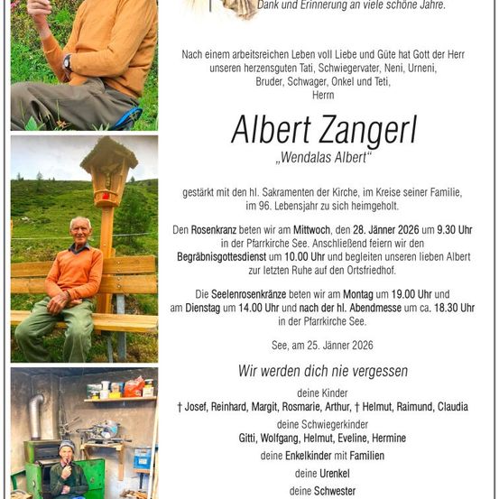 Ein Gedenkposter für Albert Zangerl mit seinem Foto und Details zu seinen Beerdigungsfeierlichkeiten. Das Poster enthält eine Collage von Bildern, darunter ein Mann, der auf einer Bank sitzt, eine Holzlaterne und eine Küche. Der Text ist auf Deutsch.