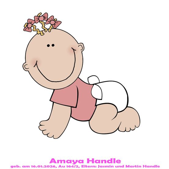 Eine Karikatur eines kleinen Mädchens mit rosa Schleifen im Haar, das ein rosa T-Shirt und eine Windel trägt, lächelt und auf einem weißen Hintergrund krabbelt. Das Bild enthält den Namen des Babys, Geburtsdatum und die Namen der Eltern.