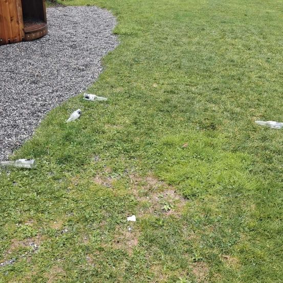 Ein Grasbereich mit verstreuten leeren Flaschen und einer hölzernen Struktur auf der linken Seite.