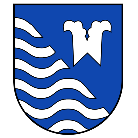 Ein blauer Schild mit einer weißen Wellenlinie und einem weißen Buchstaben W in der Mitte.