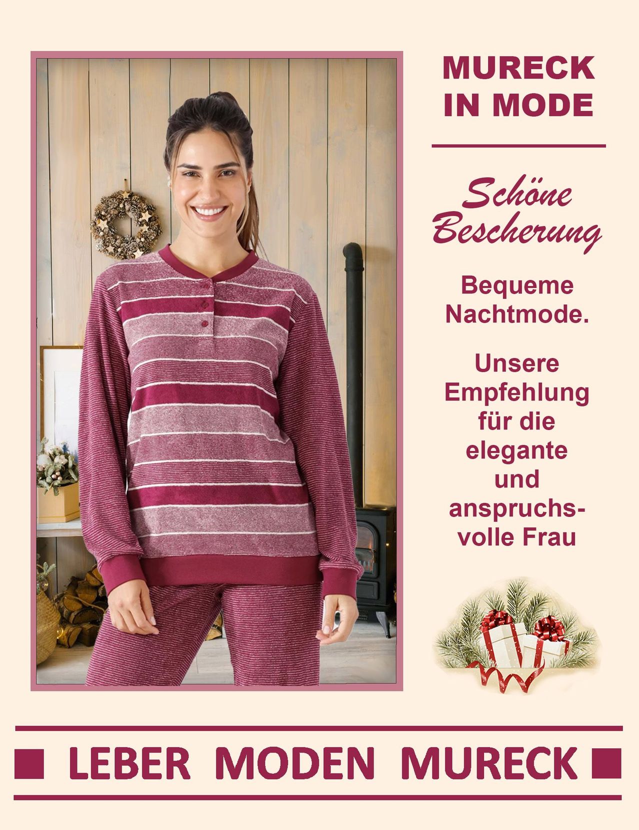 Eine Frau in marmorierten und weißen Pyjamas posiert vor einer Holzwand mit einem Kranz. Der Text lautet 'Schone Bescherung' und 'Bequeme Nachtmode'.