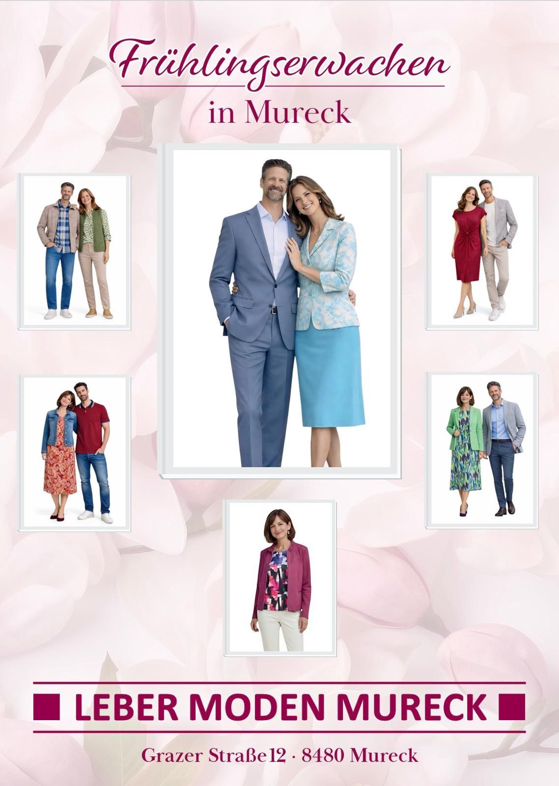 Eine Collage von Paaren in verschiedenen Outfits, vor einem rosa Hintergrund mit dem Text 'in Mureck'. Jedes Paar posiert unterschiedlich und zeigt eine Vielzahl von Modestilen.