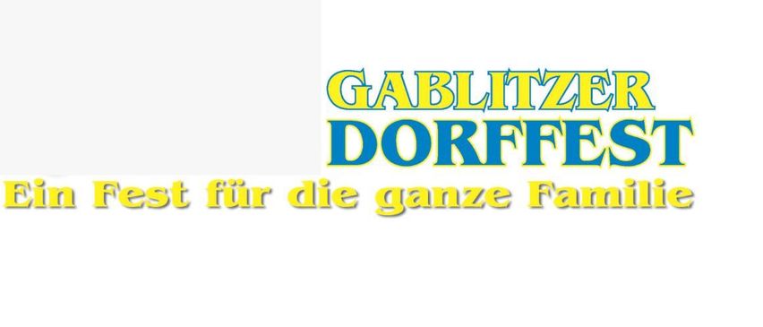 Ein Fest für die ganze Familie mit dem Wort Dorffest in gelber Schrift auf weißem Hintergrund.