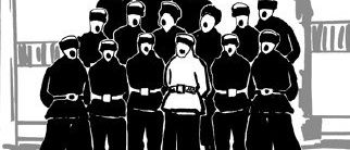 Eine Schwarz-Weiß-Zeichnung zeigt eine Gruppe uniformierter Personen, wahrscheinlich Militär oder Sicherheitspersonal, die in einer Reihe stehen. Die Personen tragen Hüte, Gürtel und Stiefel. Die Person in der Mitte trägt ein weißes Hemd und scheint zu singen.