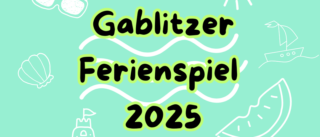 Illustration eines Ferienspiels für 2025 von Gablitzer mit Symbolen eines Strandes, einer Burg, einer Muschel und eines Bootes.
