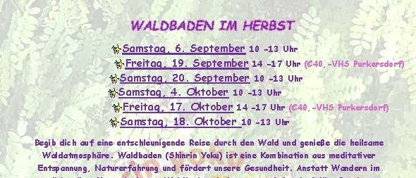 Ein Plakat für eine Reihe von Waldmeditationssitzungen in Wienerwald Purkersdorf, Österreich. Es listet Termine und Zeiten für verschiedene Sitzungen, Kosten und Standortdetails auf. Es beschreibt die Vorteile der Sitzungen, einschließlich Stressabbau, verbessertem Schlaf und gestärktem Immunsystem.