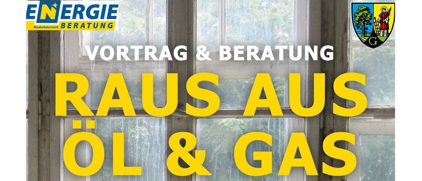 The image features a white backdrop with bold yellow text that reads 'Raus aus Öl & Gas', along with 'Vortrag & Beratung' in the top center. The text suggests a focus on transitioning away from oil and gas.