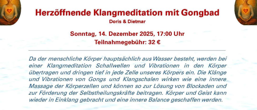 Da der menschliche Körper hauptsächlich aus Wasser besteht, werden bei einer Klangmeditation Schallwellen und Vibrationen in den Körper übertragen und dringen tief in jede Zelle unseres Körpers ein. Die Klänge und Vibrationen von Gongs und Klangschalen wirken wie eine innere Massage der Körperzellen und können so zur Lösung von Blockaden und zur Förderung der Selbstheilungskräfte beitragen. Körper und Geist kann wieder in Einklang gebracht und ein innerer Balance geschaffen werden.