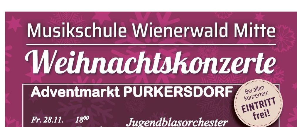 Plakat für Weihnachtskonzerte an der Wienerwald Mitte Musikschule. Der Zeitplan umfasst verschiedene Ensembles, die an bestimmten Tagen zu unterschiedlichen Zeiten auftreten. Das Plakat ist lila mit schneebedecktem Hintergrund.