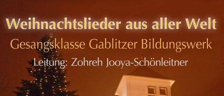 Eine Gruppe von Menschen versammelt sich nachts um einen geschmückten Weihnachtsbaum. Der Baum ist mit weißen Lichtern beleuchtet. Hinter dem Baum steht ein Gebäude mit Turm und Fenstern. Es gibt ein Schild, das 'Leitung: Zohreh Jooya-Schönleitner' besagt.