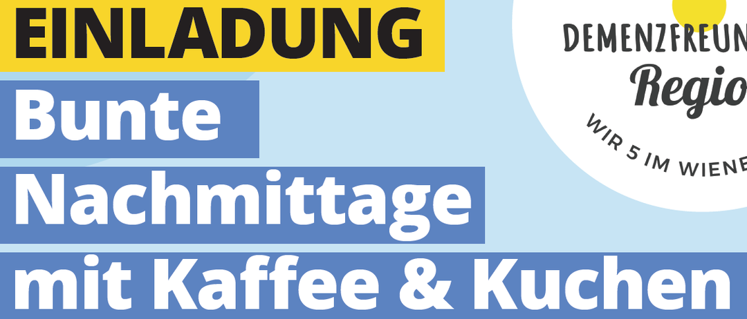 Blaues und gelbes Poster. Oben links steht 'ADUNG'. Darunter steht 'e'. Darunter steht 'mittage'. Darunter steht 'caffe & Kuche'. Rechts hat es 'DEMENTZFRE', 'Reg', 'WIR 5 IM W'.