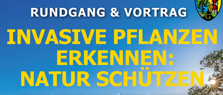 Poster about invasive plants, nature protection. Event date: April 15, 18:00. Location: Gemeindeamt Gablitz. Hosted by Mag. Gernot Waiss, osterreich.bundesforste. Topics include identifying common invasive plants, their impact on local nature, and control measures.