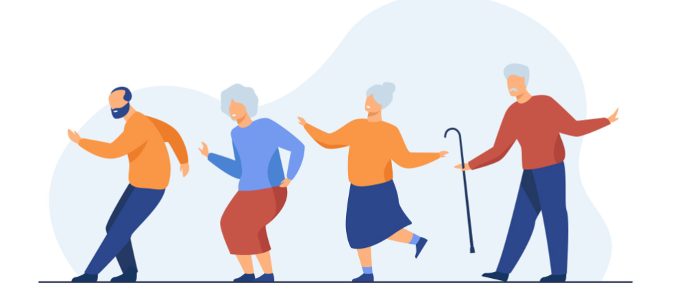 Eine Illustration von vier älteren Personen beim Gehen, wobei ein Mann einen Stock benutzt und ein aktives Leben trotz des Alters zeigt.