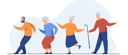 Vier ältere Menschen gehen, zwei mit einem Stock und einer mit einem Gehhilfe. Die Frau in der Mitte lächelt. Der Hintergrund ist ein Farbverlauf von hellblau zu weiß.