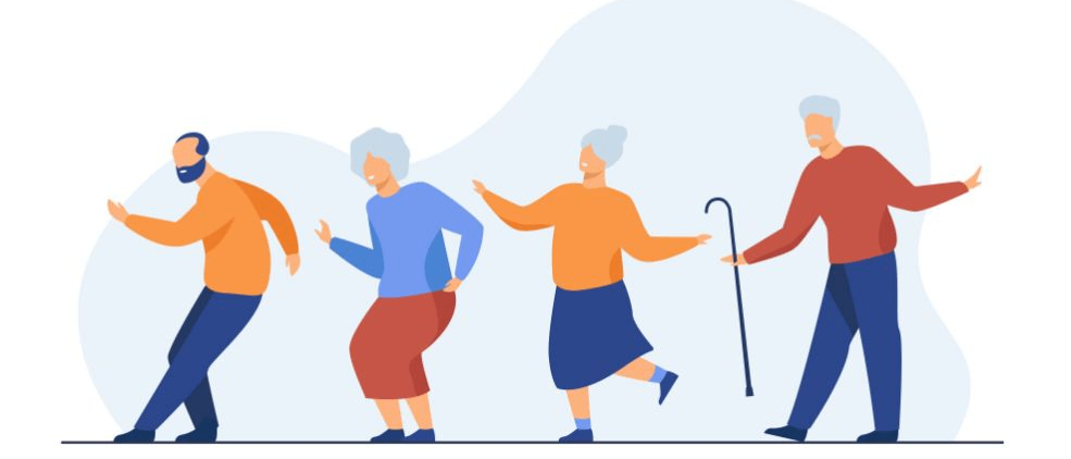Eine Illustration von vier älteren Personen, die in einer Reihe gehen, eine hält einen Stock, mit blauem Himmel und Wolke im Hintergrund.