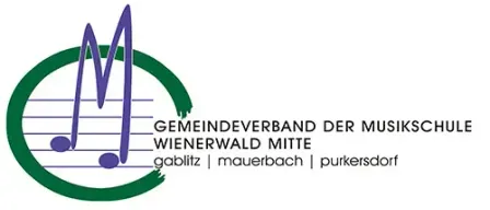 Logo des Gemeindeverbands der Musikschule Wienerwald Mitte mit einem Musiknotensymbol und den Namen von drei Orten: Gablitz, Mauerbach und Purkersdorf.